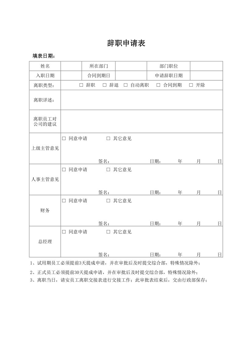 辞职申请表.xlsx第1页