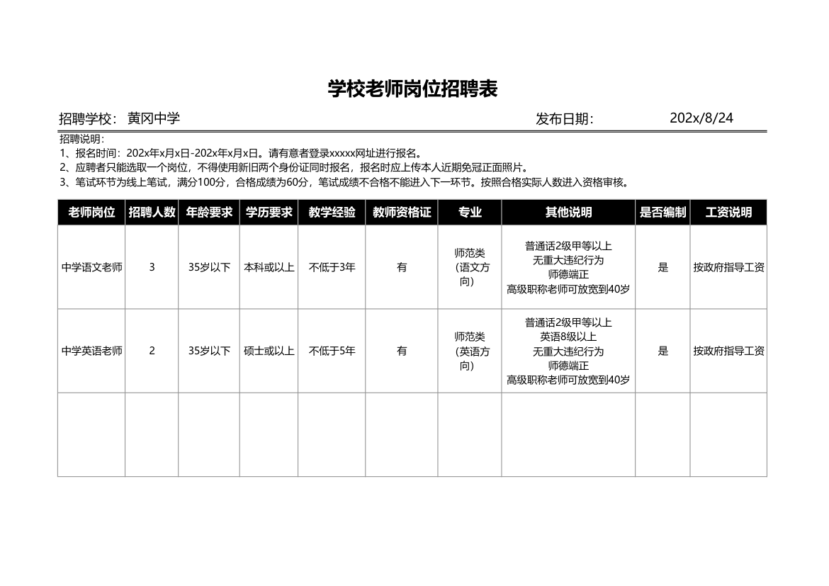 学校老师岗位招聘表.xlsx第1页