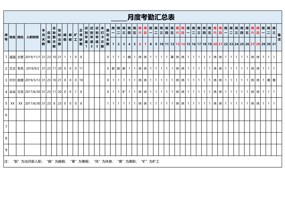 月度考勤汇总表.xlsx第1页