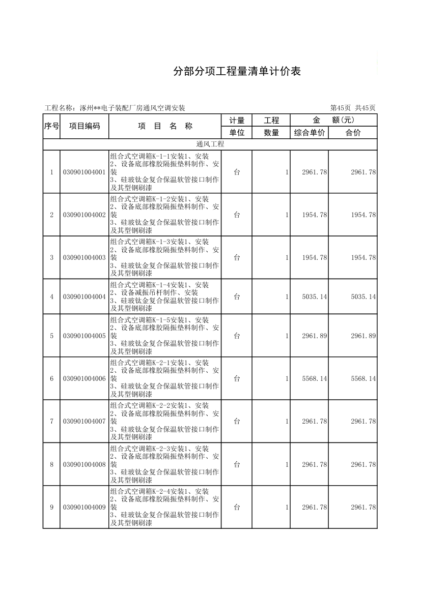 涿州某电子装配厂房空调安装工程清单报价表.xls第1页