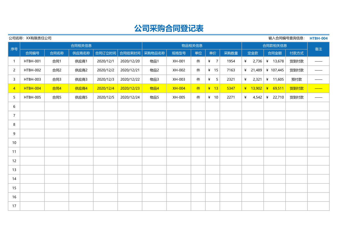 公司采购合同登记表.xlsx第1页