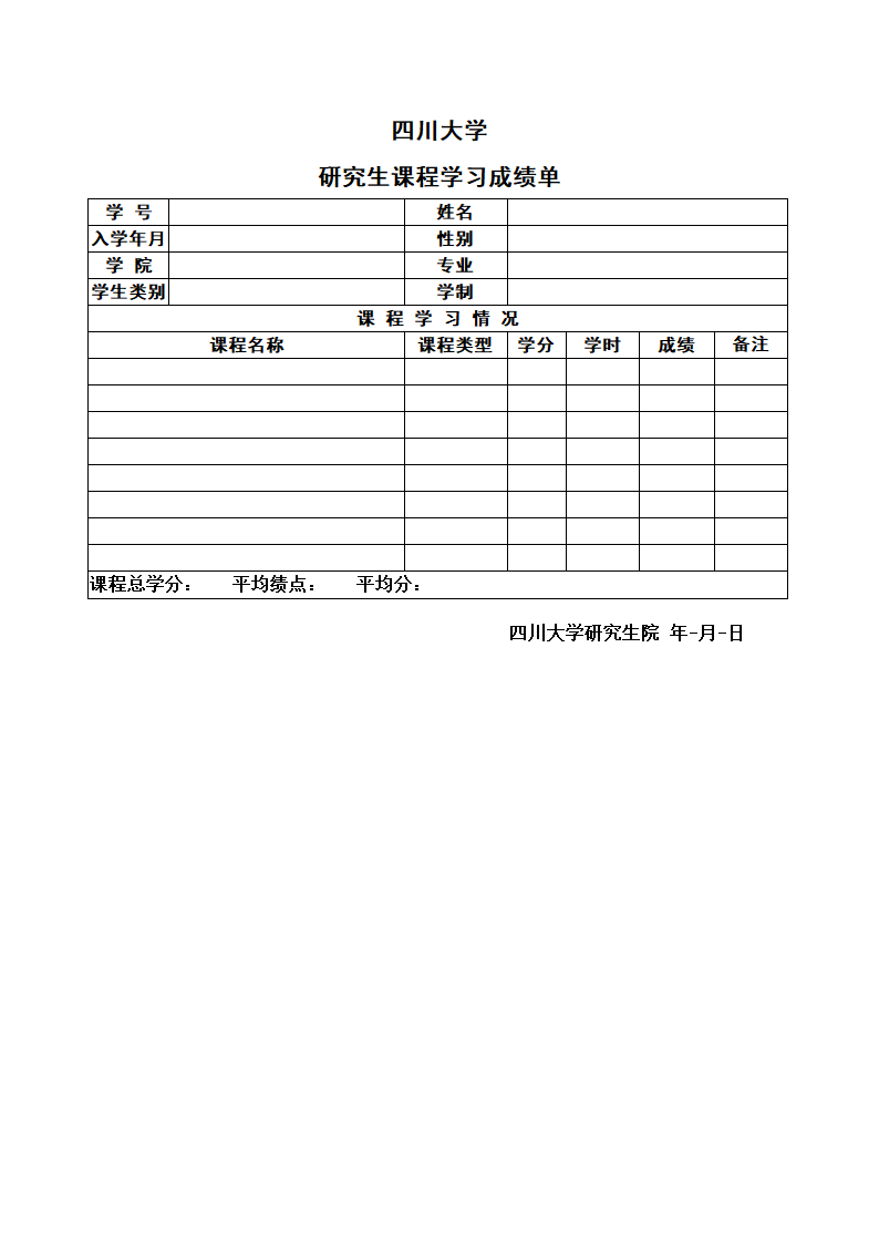 四川大学研究生中文成绩单第2页