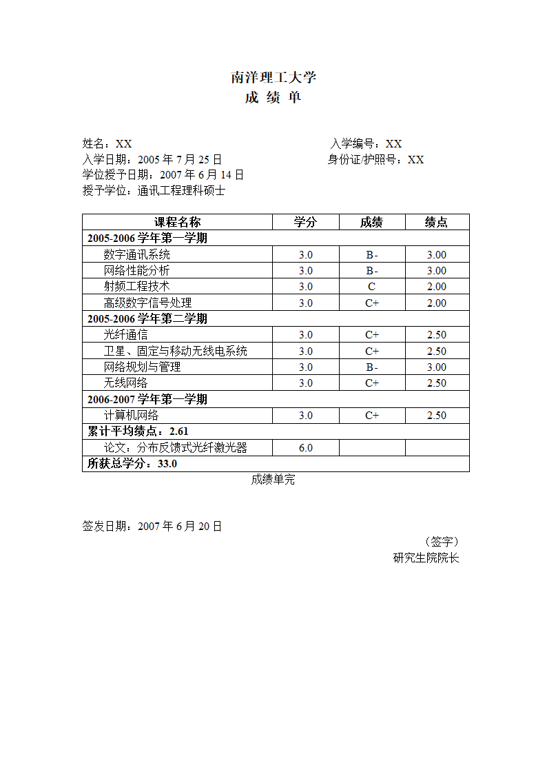 南洋理工大学成绩单翻译模板第2页