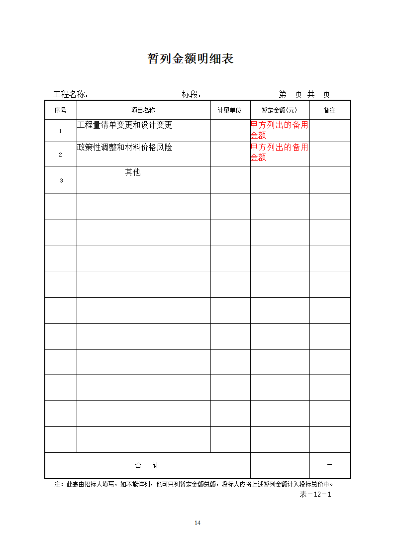 投标报价表格(乙方)第14页