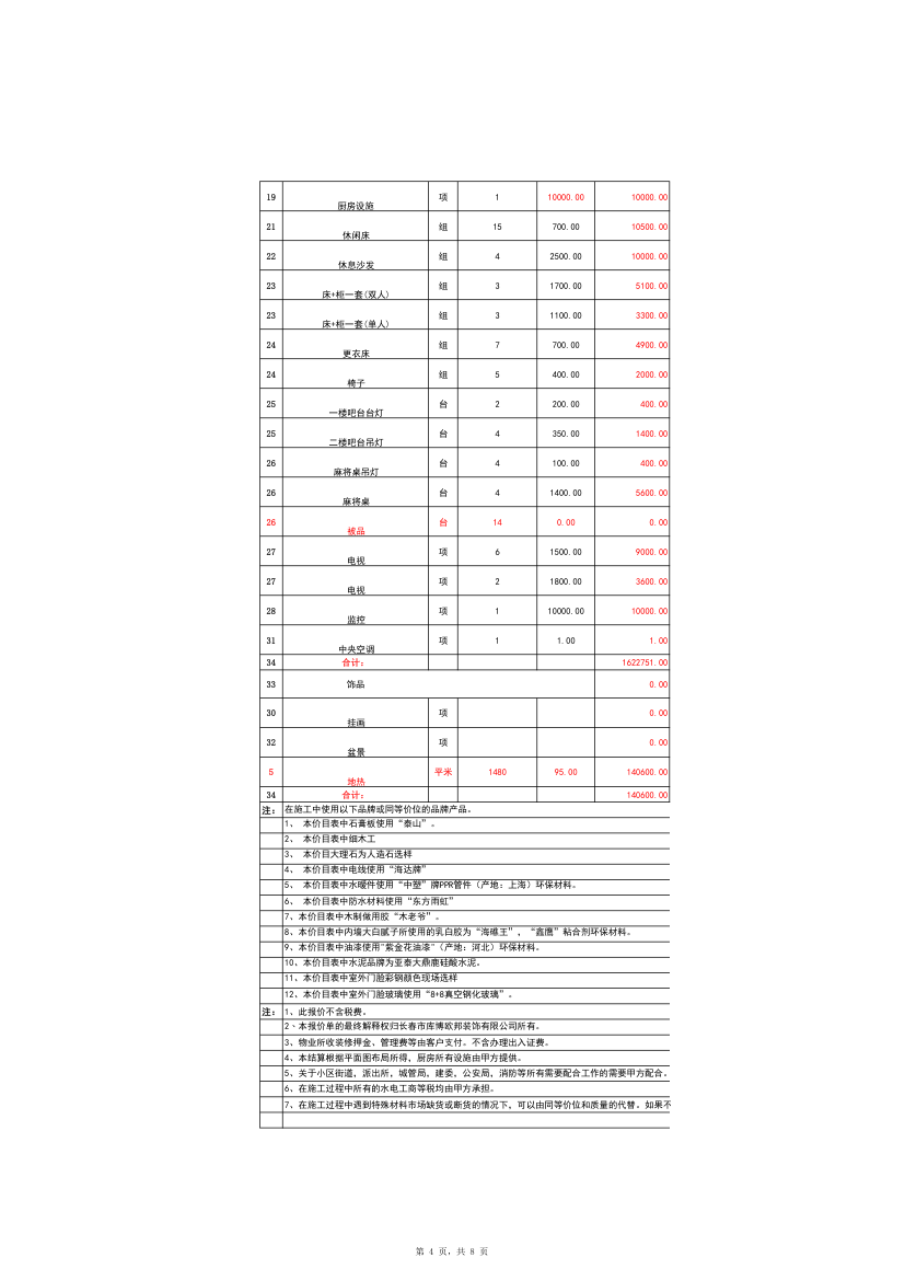 主材成本报价表第4页