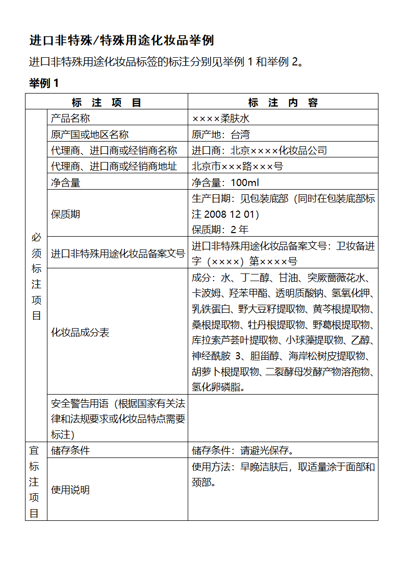 进口化妆品标签示例