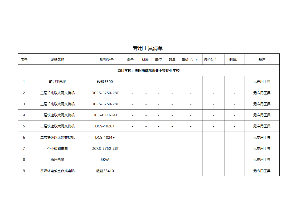 专用工具清单