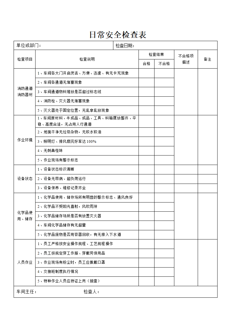 日常安全检查表