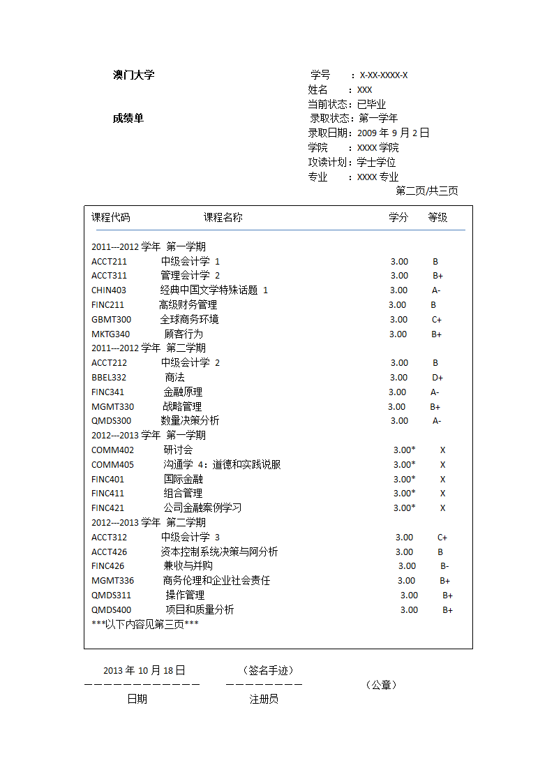 澳门大学成绩单翻译第2页