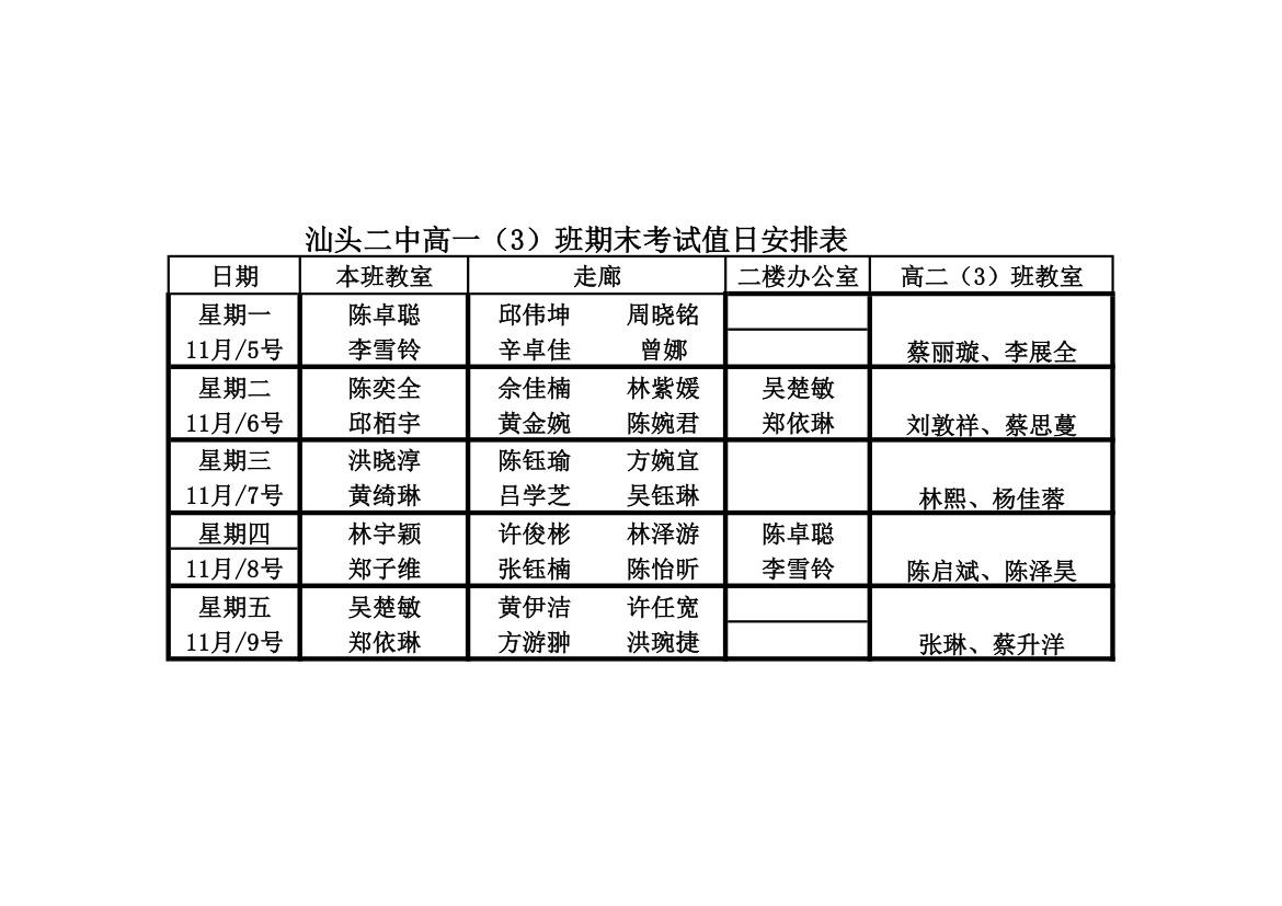 期末考试值日安排表第1页