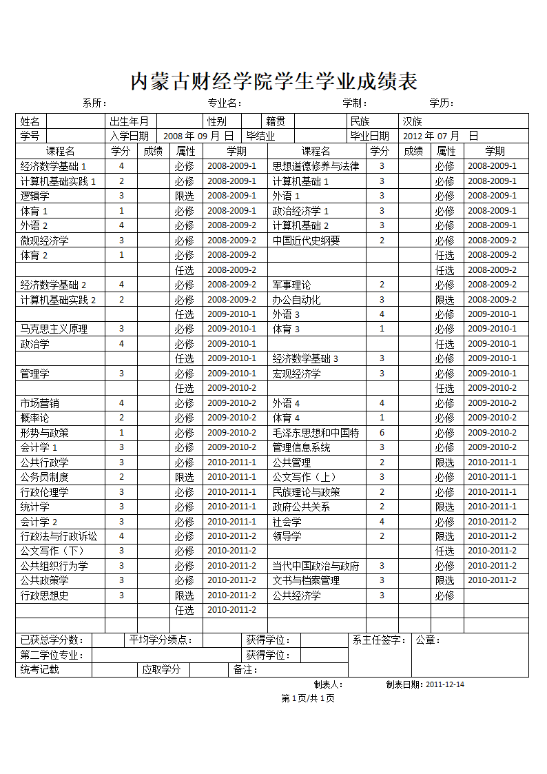 学生成绩单(样表)第1页