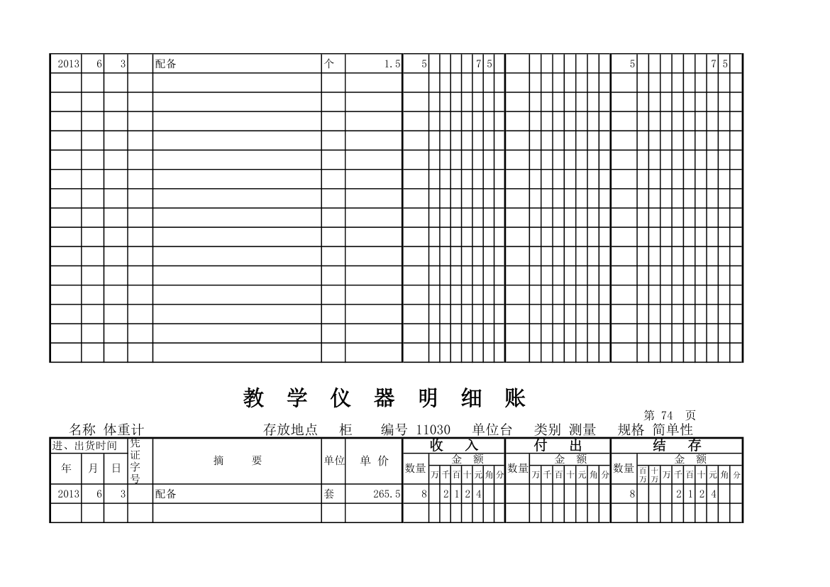 教学仪器明细账(科学样表)第69页