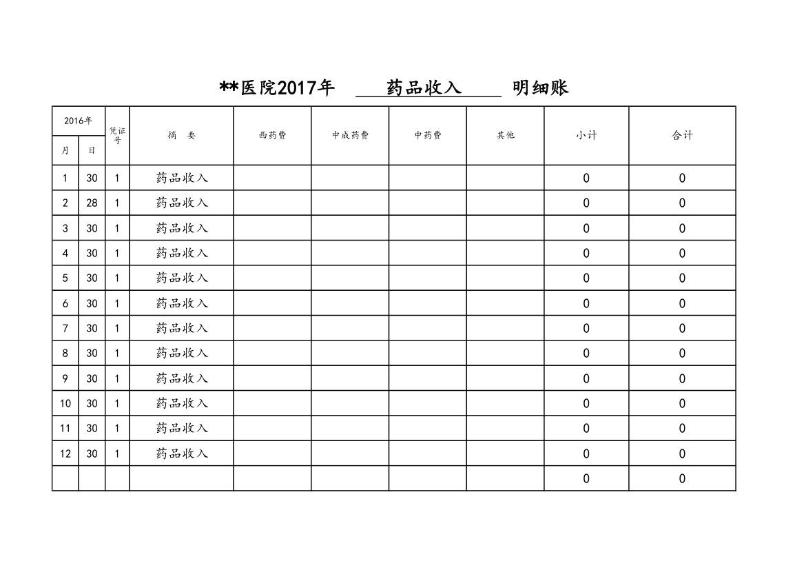 药品收入明细账