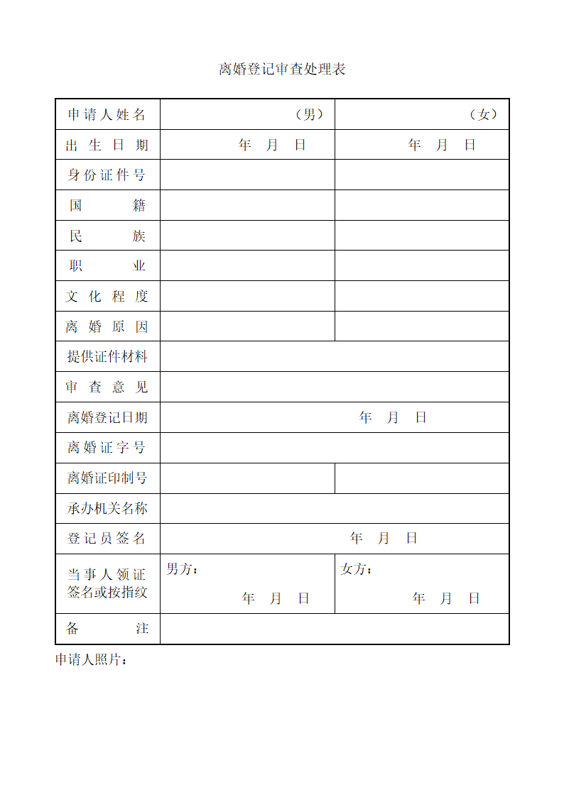 离婚登记审查处理表