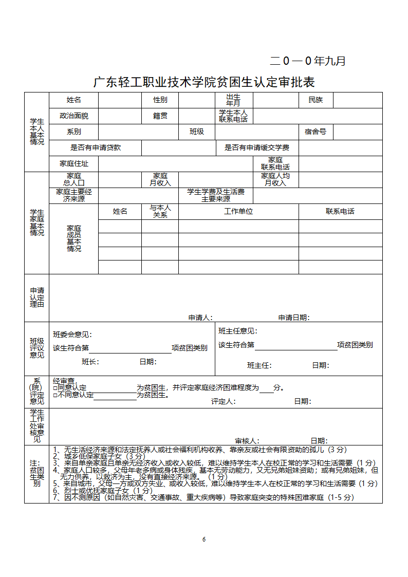 贫困生认定审批表第6页