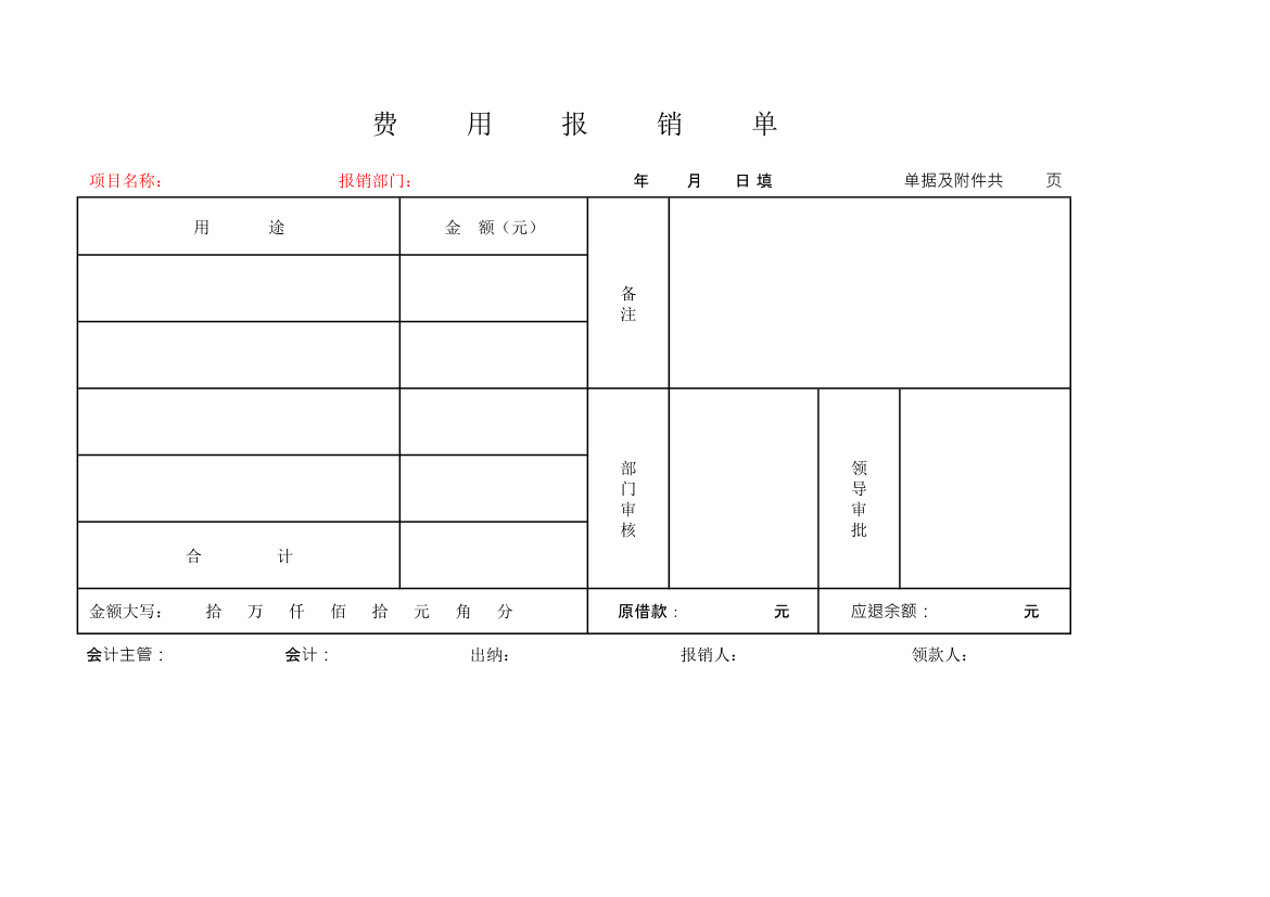 标准费用报销单(项目核算用)第1页