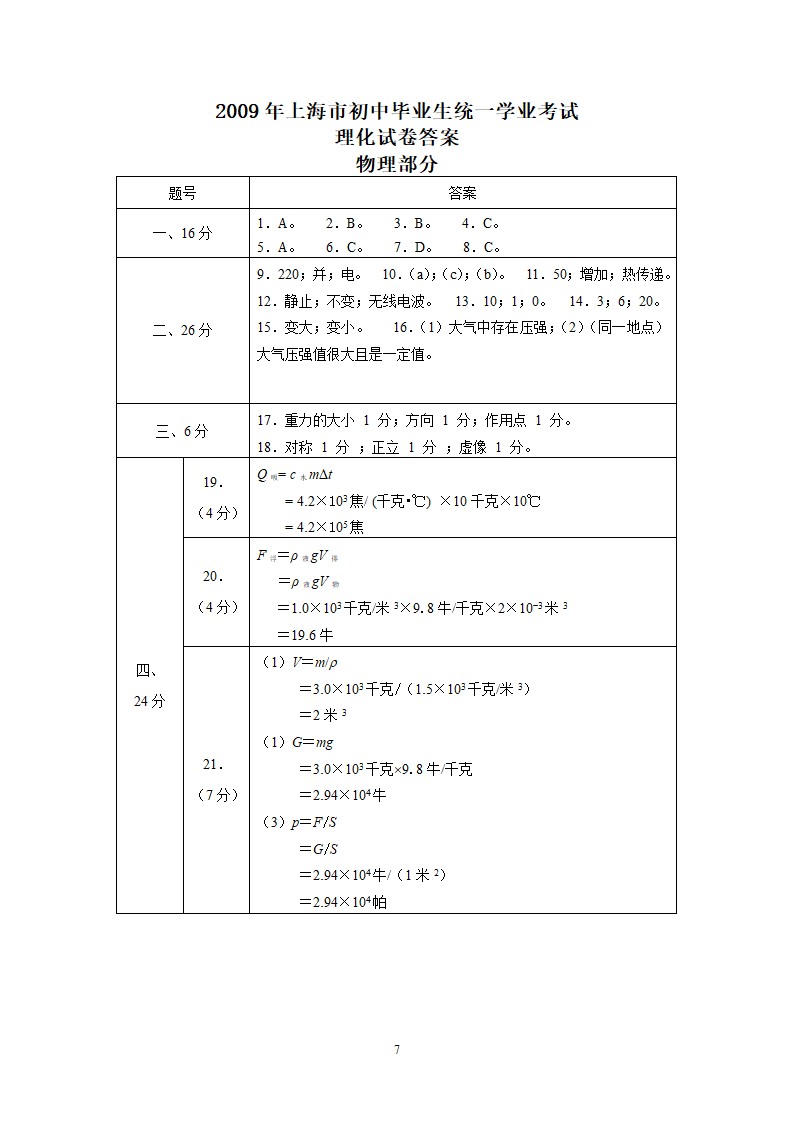 2009年上海市中考物理试卷+答案第7页