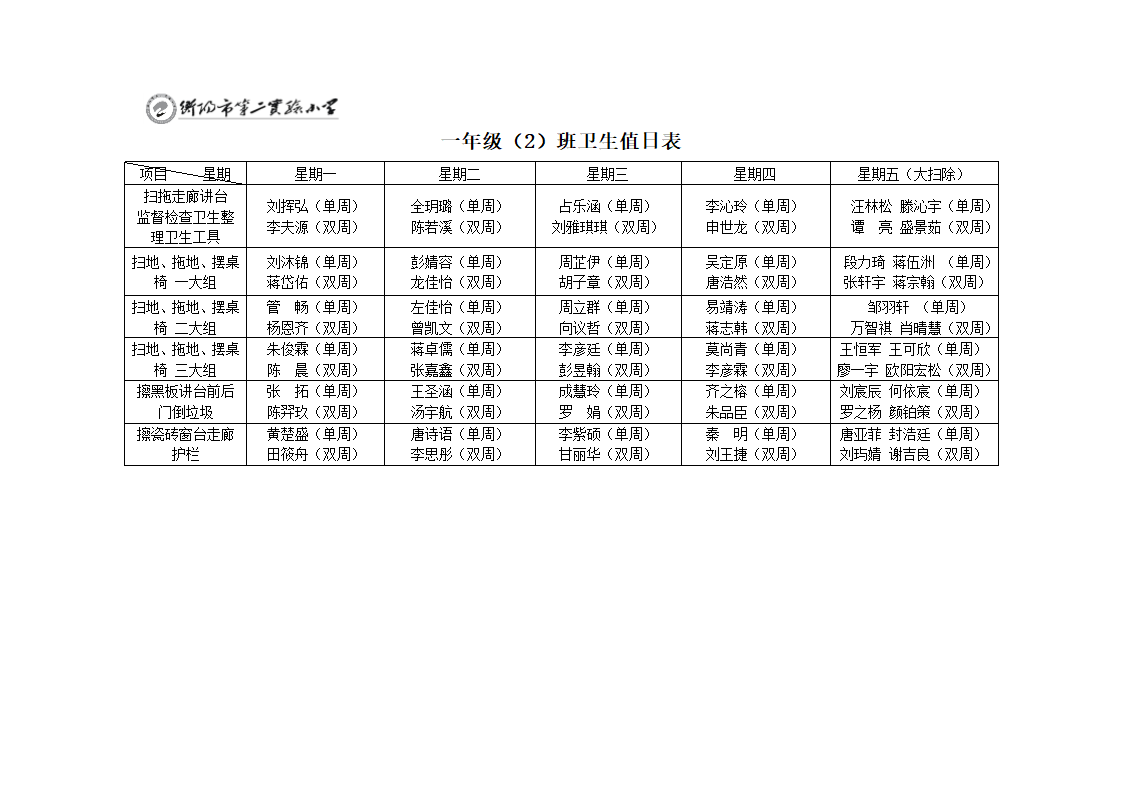 一年级(2)班卫生值日表