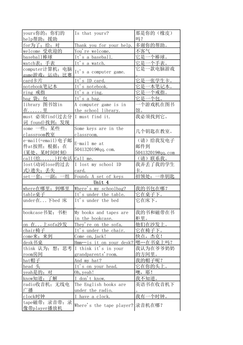 七年级上册单词句子第4页