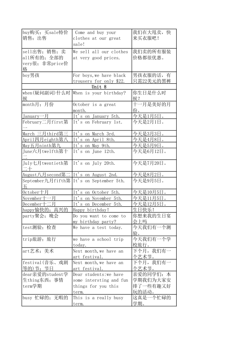 七年级上册单词句子第8页