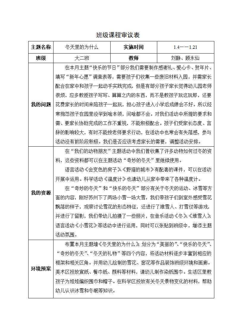 1月班级课程审议表