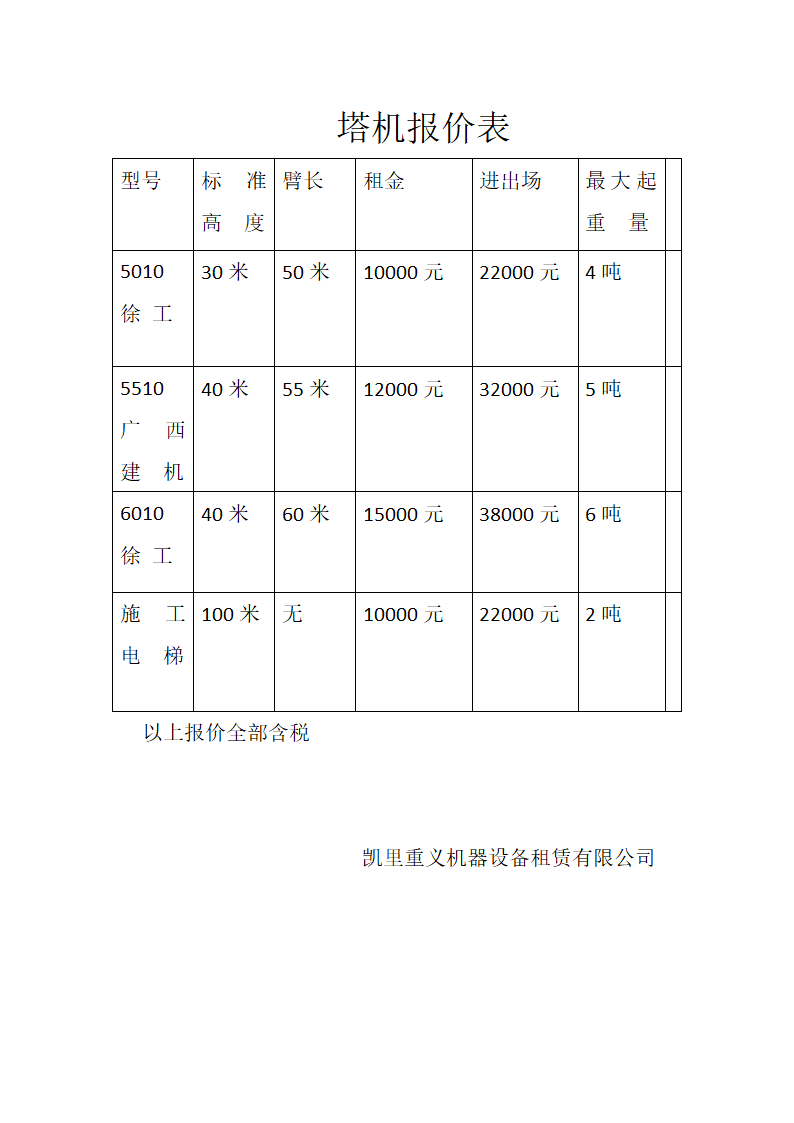 塔机报价表