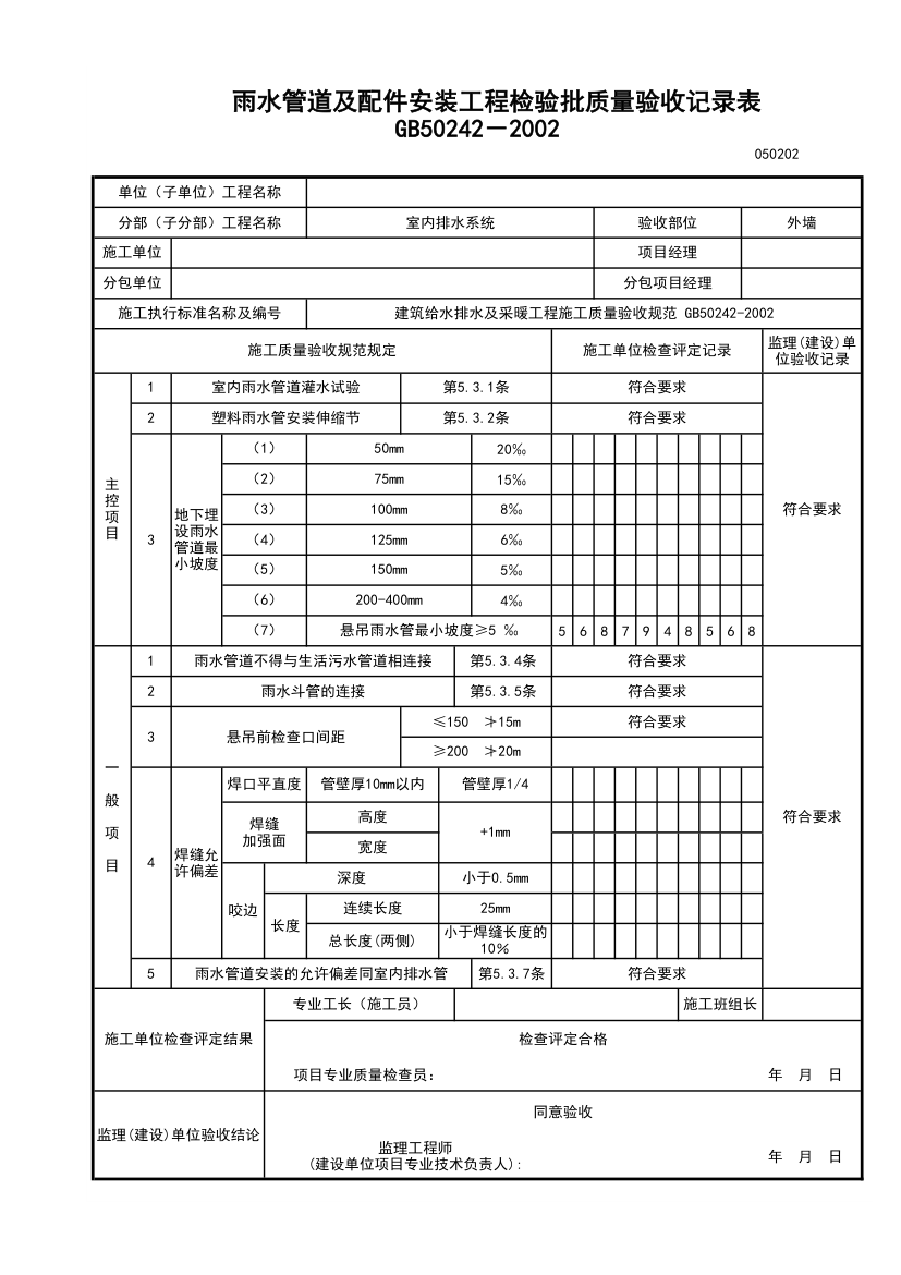 雨水管道及配件安装工程验收检验批质量验收记录表