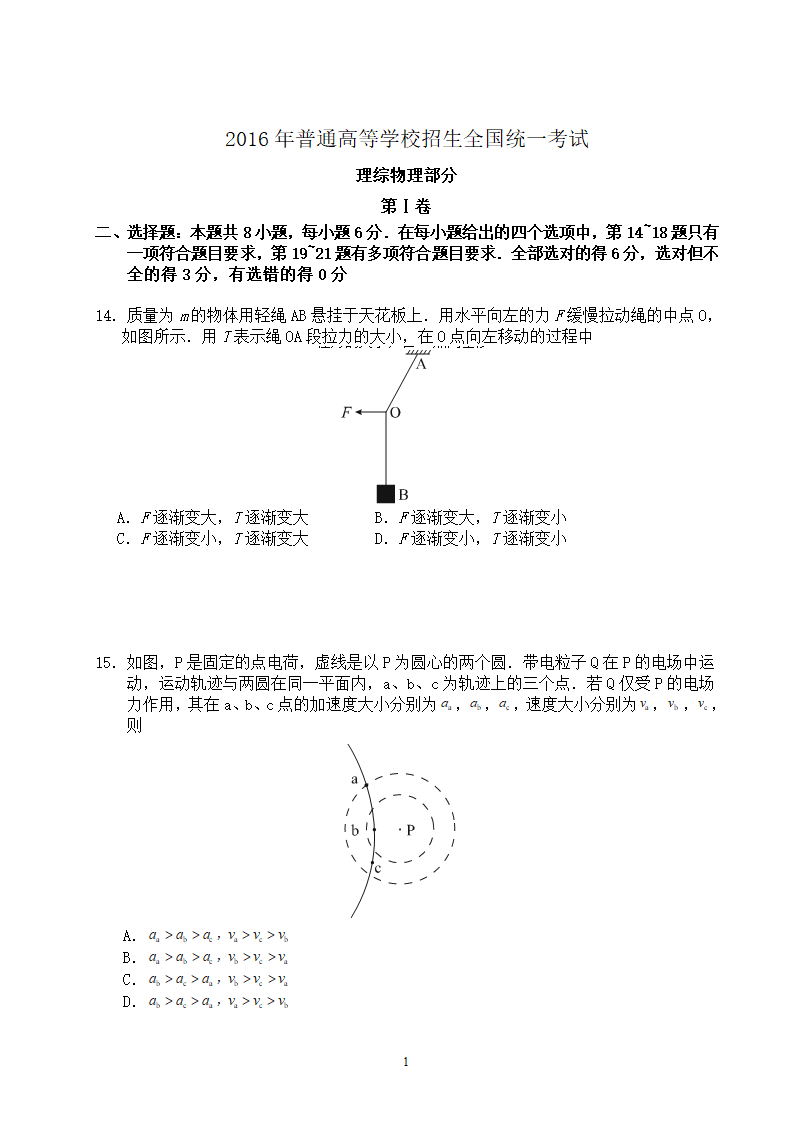 2016年全国卷II卷高考物理试卷第1页