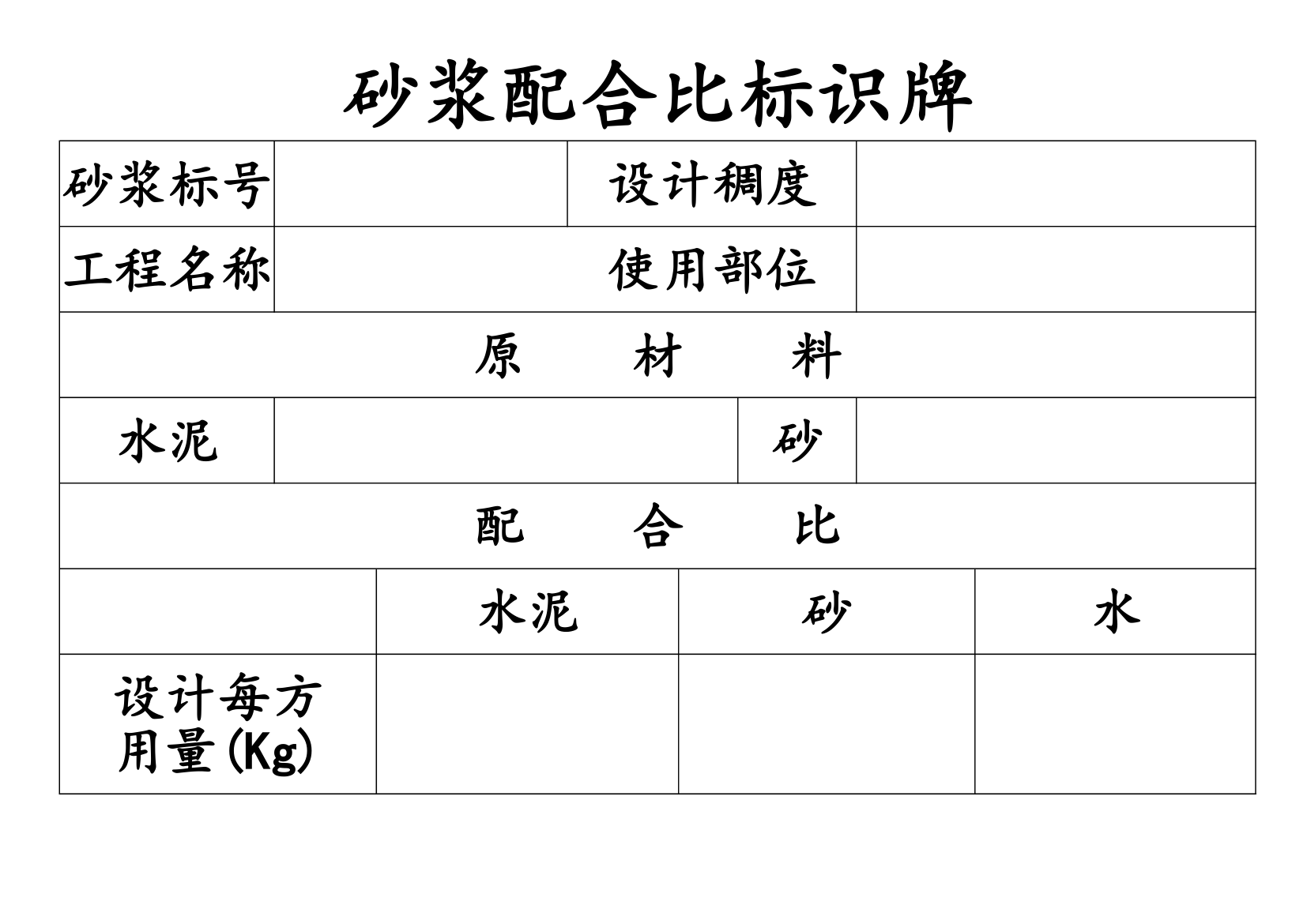 砂浆配合比标识牌