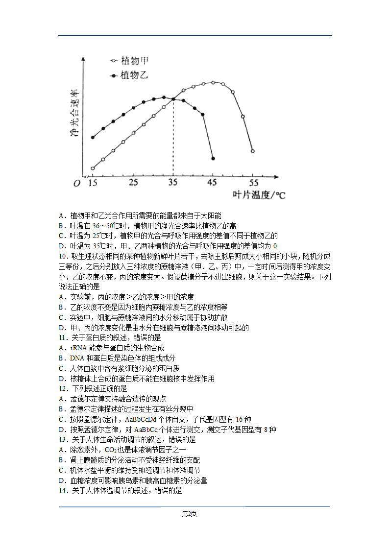 2015年海南高考生物试卷下载(word版)第2页