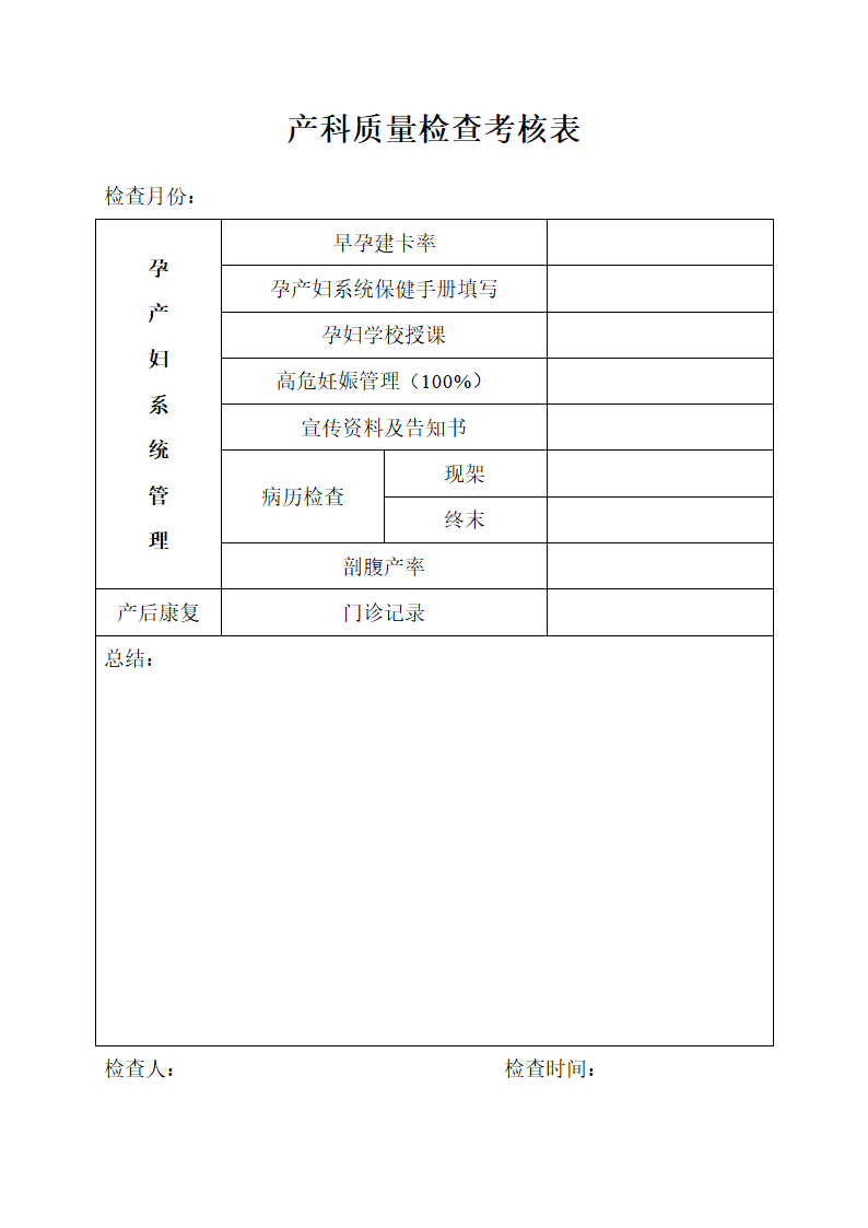 产科质量检查考核表