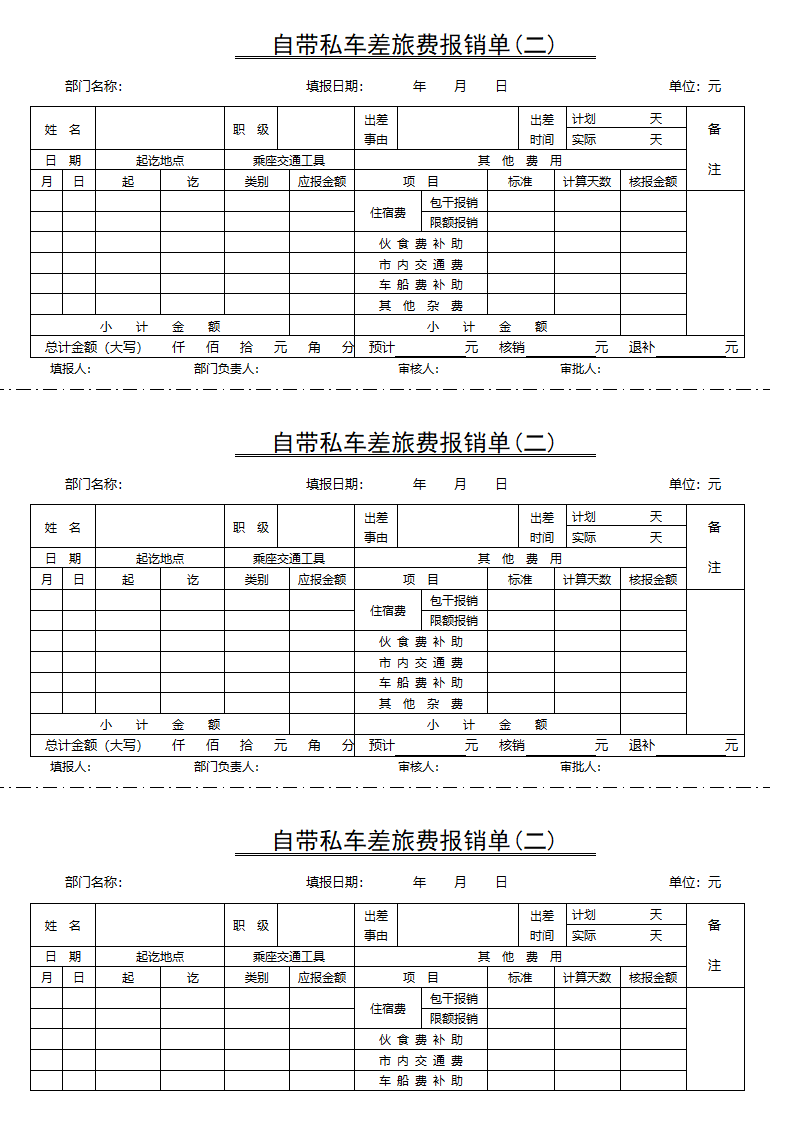 自带私车差旅费报销单