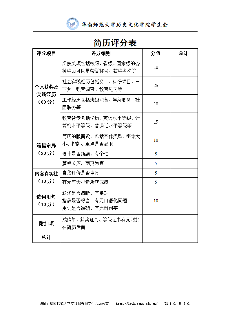 简历面试评分表