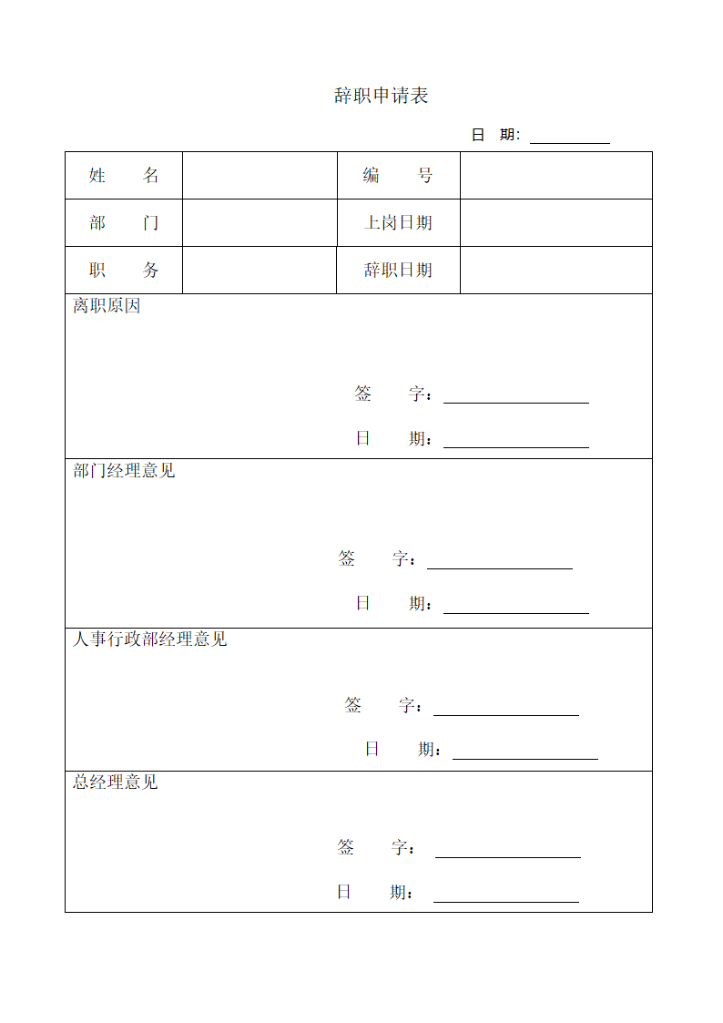 员工辞职离职申请表第1页