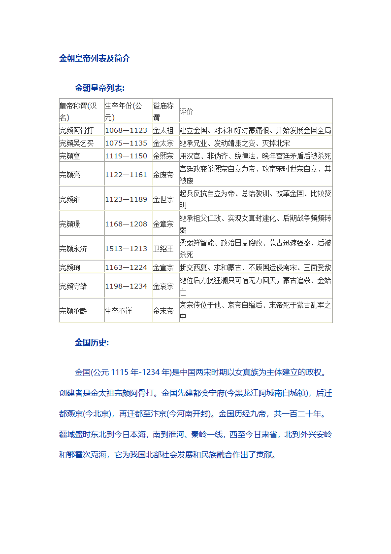 金朝皇帝列表及简介第1页