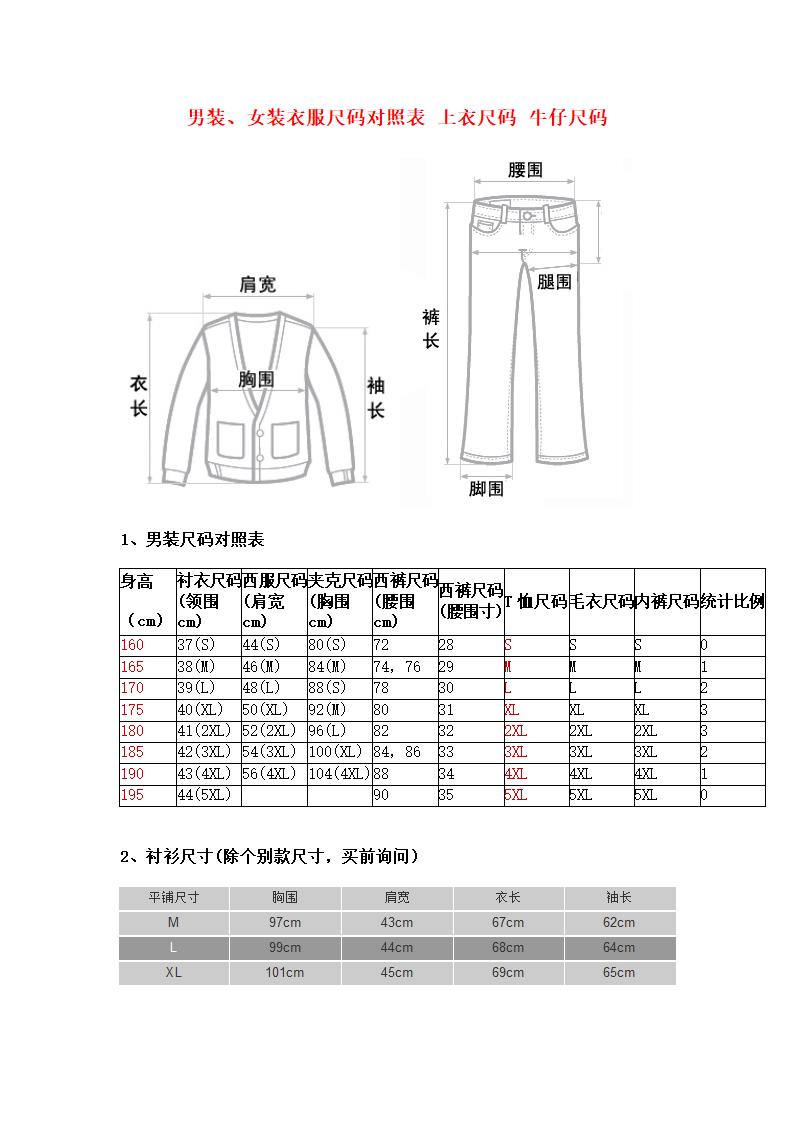 男装、女装衣服尺码对照表_上衣尺码_牛仔尺码第1页