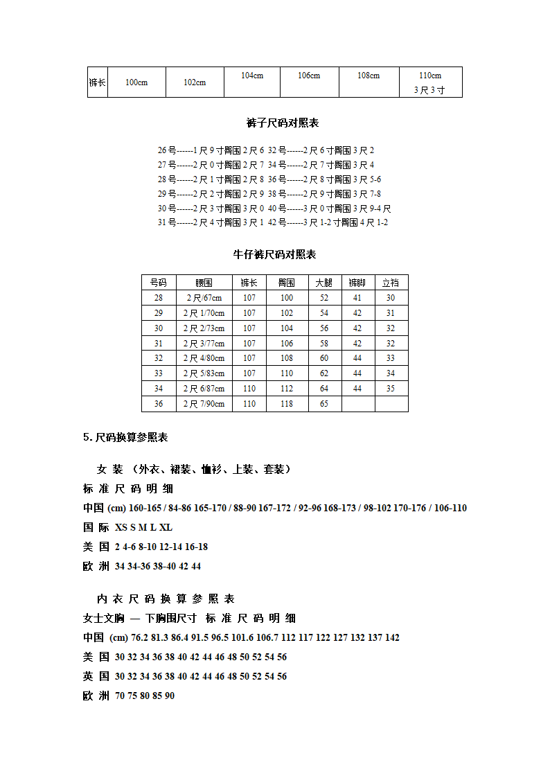 男装、女装衣服尺码对照表_上衣尺码_牛仔尺码第3页