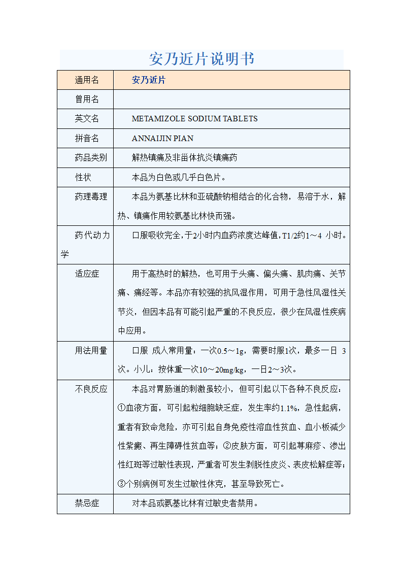 安乃近片说明书第1页