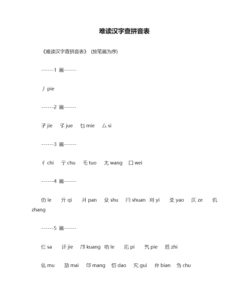 难读汉字查拼音表