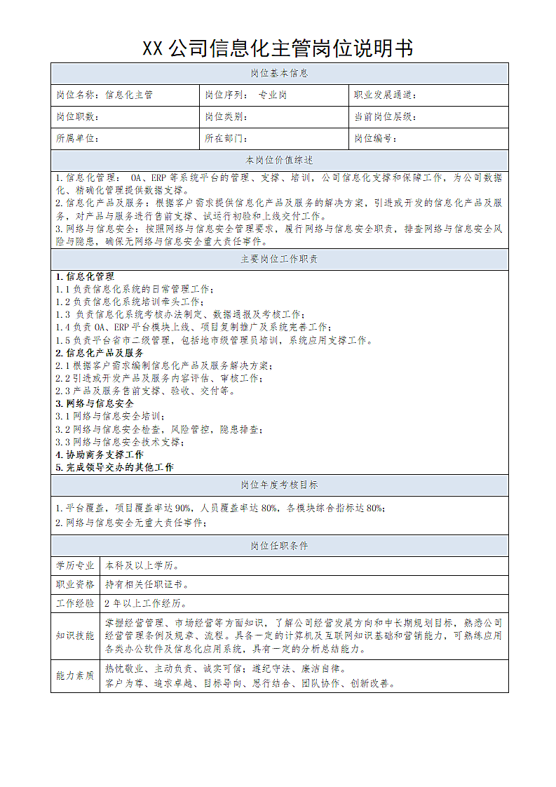 岗位说明书-信息化主管.doc