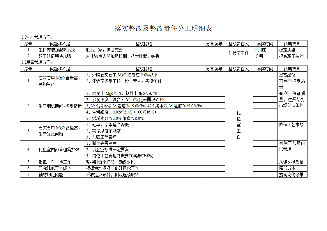 落实整改及整改责任分工明细表第1页