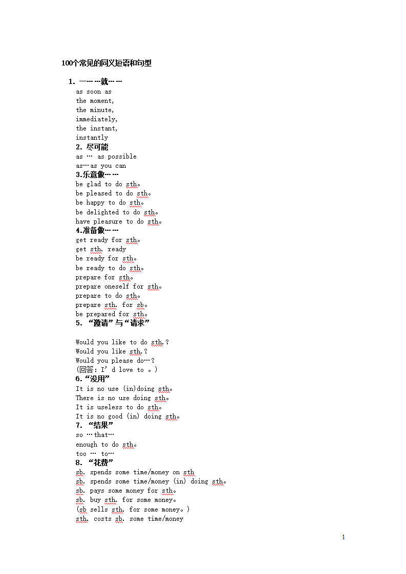 高考英语总复习：100个常见的同义词短语和句型.doc