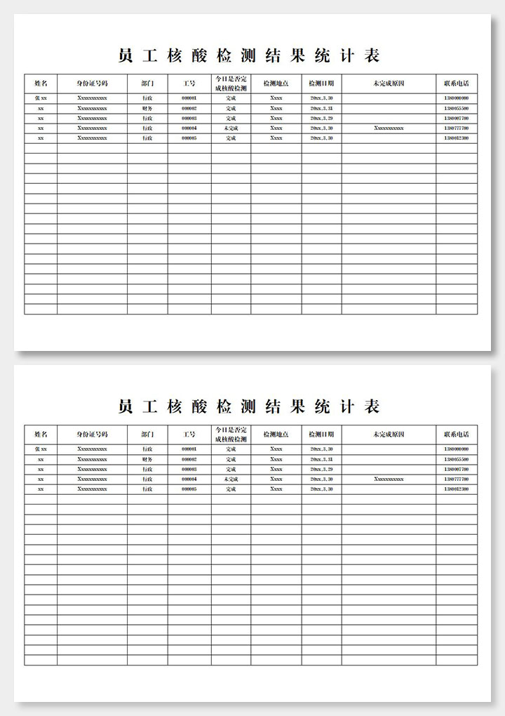 员工核酸检测结果统计表