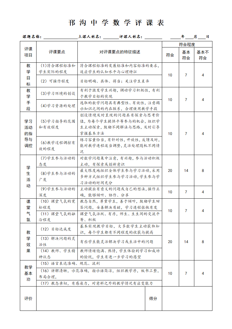 数学评课表第1页