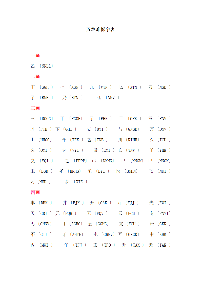 五笔难拆字表