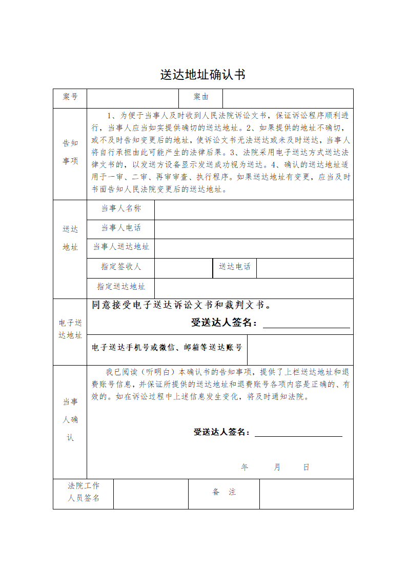 诉讼送达地址确认书2025版