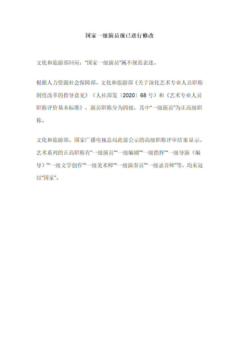 国家一级演员现已进行修改