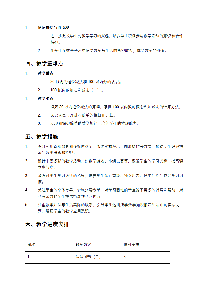 人教版小学数学一年级下册教学计划第2页