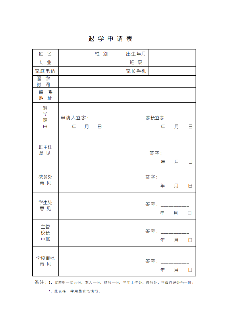 退学申请表