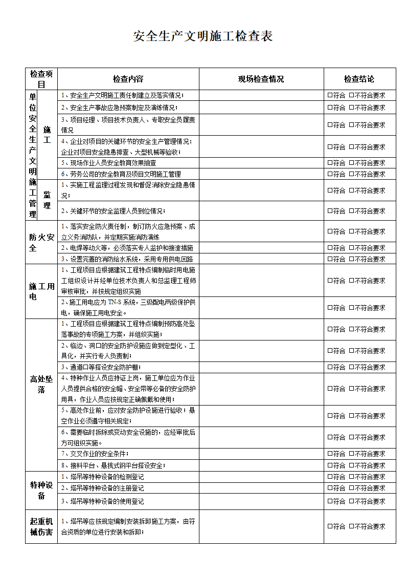 安全文明施工检查表